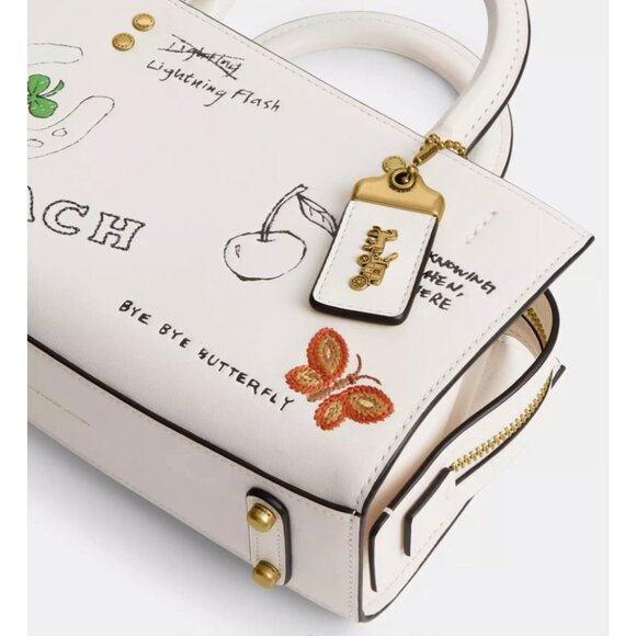 NEW!! Coach Rogue 25 Tote Bag With Dinosaur & Lucky Drawings In Chalk White Leat - Picture 5 of 11